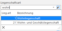 Screenshot: Auswahlfeld mit Volltextsuche und Hilfstabellen-Absprung