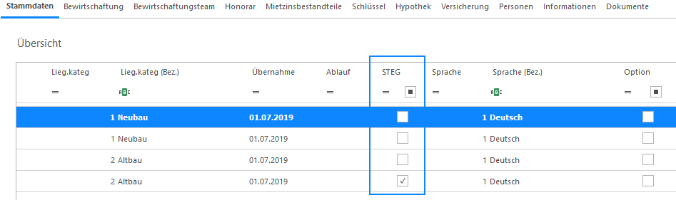 Screenshot: Ja-Nein-Filter sowie Statuszeile mit gesetzten Filtern