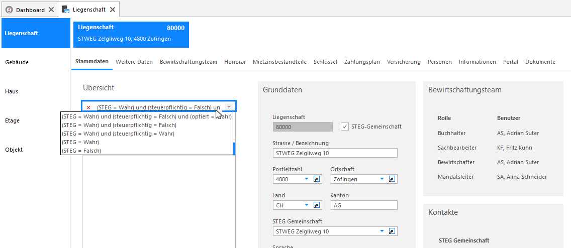 Screenshot: Ja-Nein-Filter sowie Statuszeile mit gesetzten Filtern