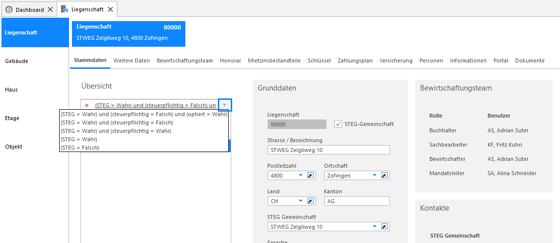 Screenshot: Filter-History und Dialogfeld für benutzerdefinierte Filter
