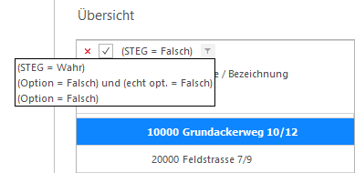 Screenshot: Filter-History und Dialogfeld für benutzerdefinierte Filter