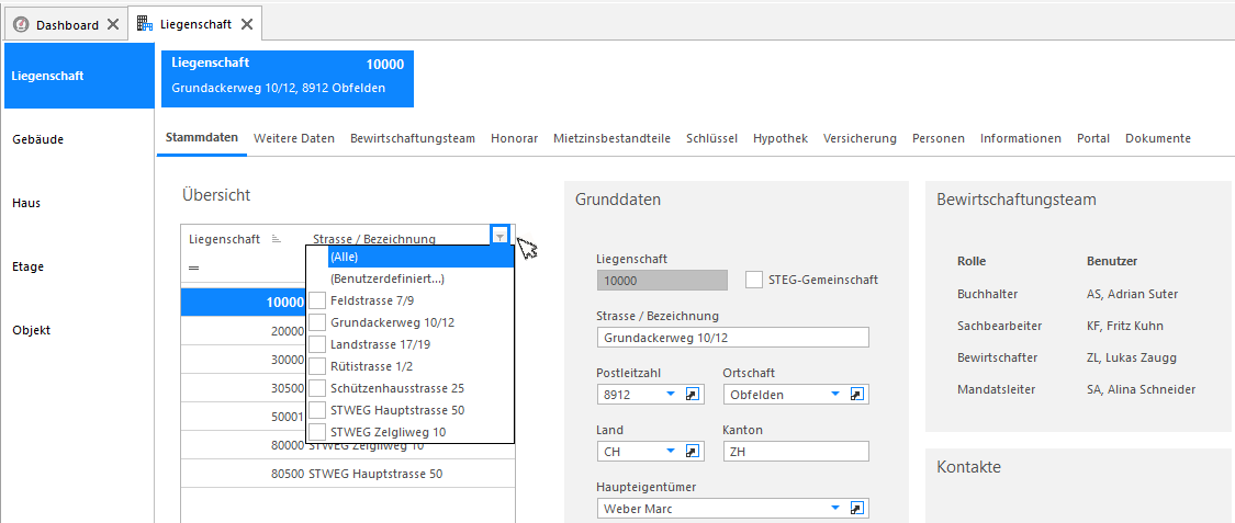 Screenshot: Filter-History und Dialogfeld für benutzerdefinierte Filter
