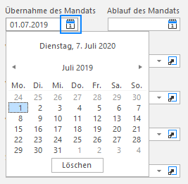 Screenshot: Datumsfeld mit Datumsauswahl und Datumskürzeln