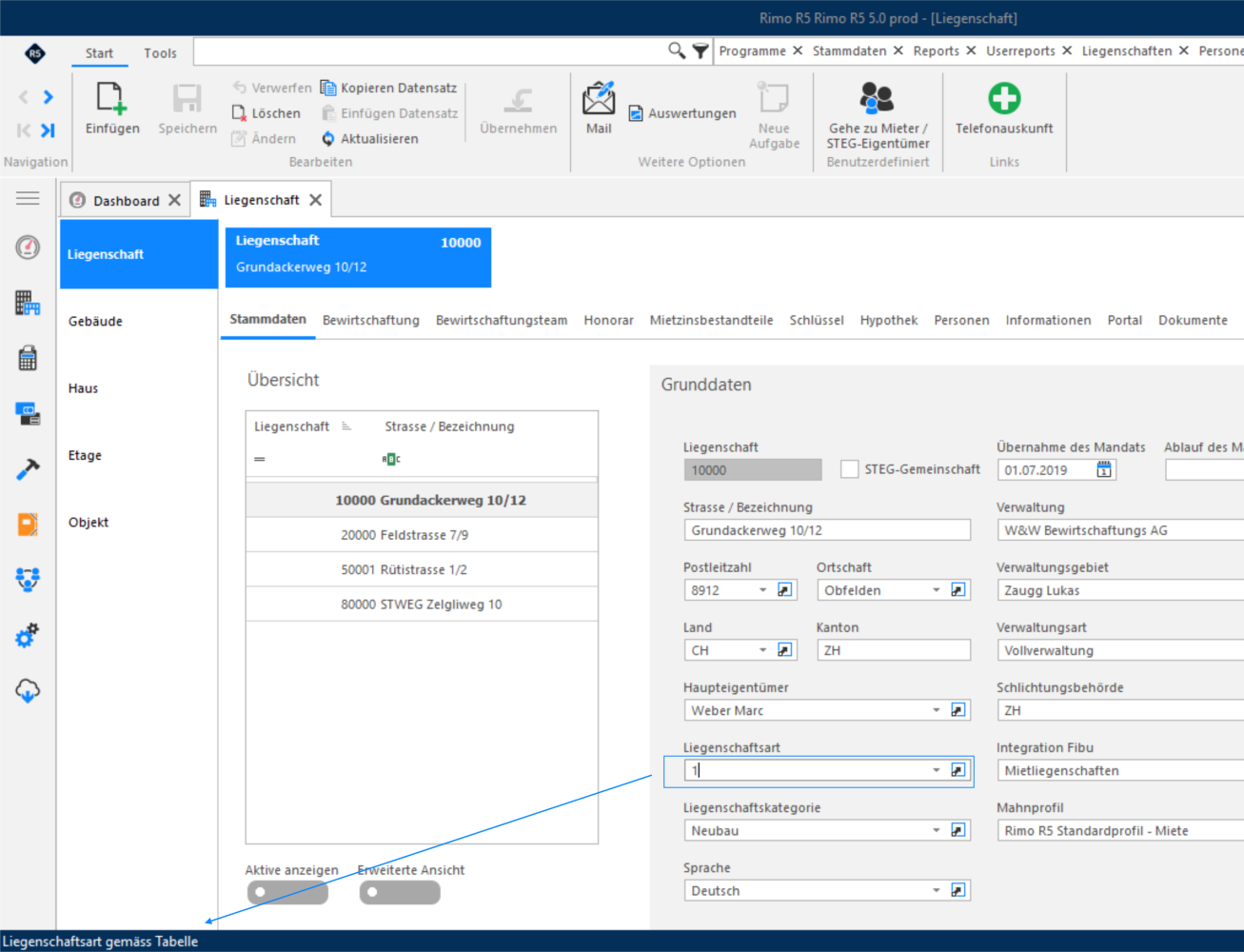 Screenshot: Funktionsanzeige eines Feldes und Konfiguration für das Beschreibungsregister