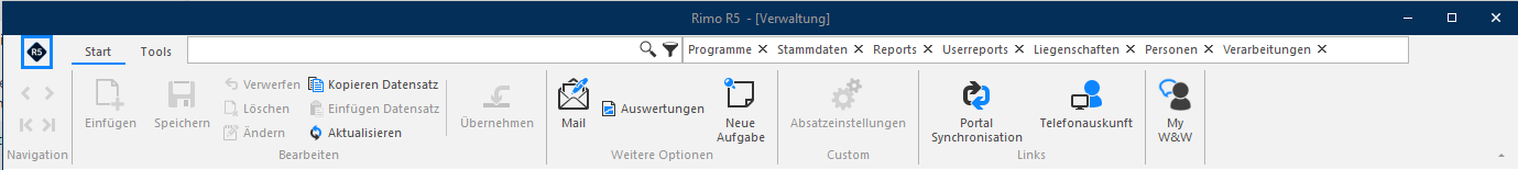 Screenshot: Hintergrundmenü über das Rimo-Icon