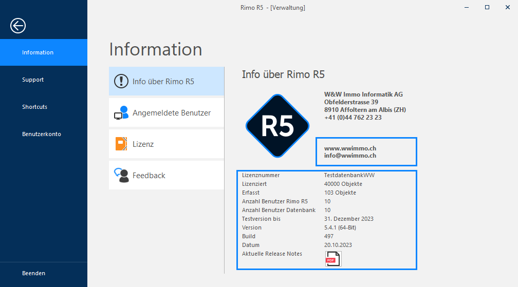 Screenshot: Informationen zu Rimo R5 und Liste der angemeldeten Benutzer