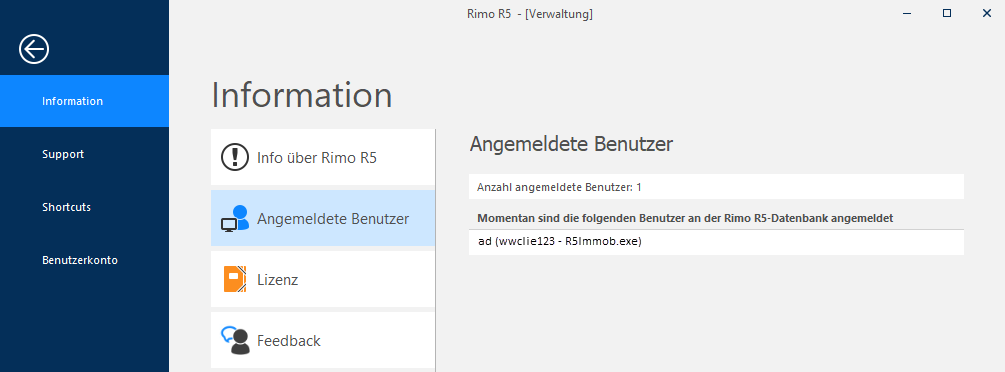 Screenshot: Informationen zu Rimo R5 und Liste der angemeldeten Benutzer