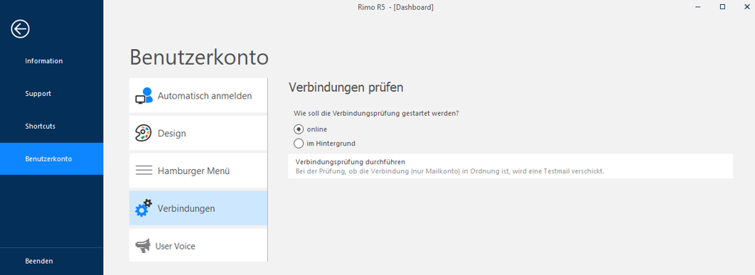 Screenshot: Prüfung der E-Mail-Verbindung