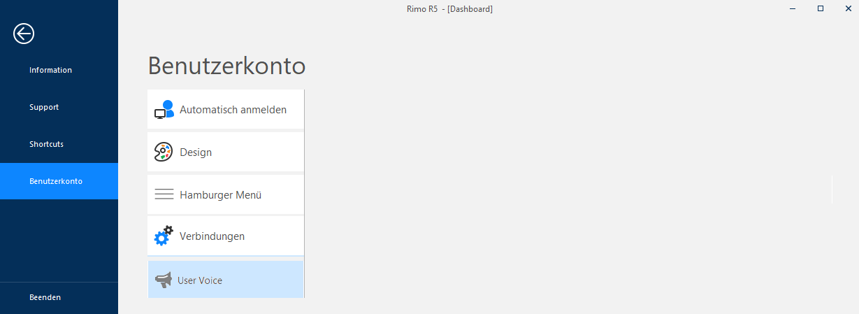 Screenshot: User Voice und Dialog zum Beenden von Rimo R5