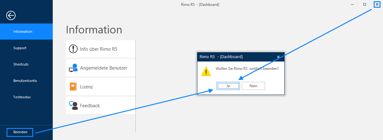 Screenshot: User Voice und Dialog zum Beenden von Rimo R5