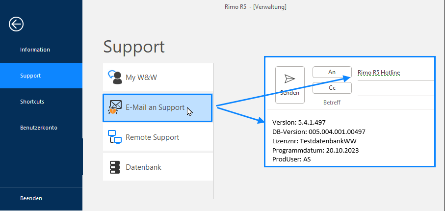 Screenshot: Support-Menü mit E-Mail an Support und Remote Support