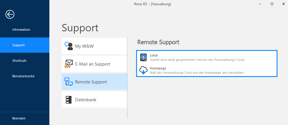 Screenshot: Support-Menü mit E-Mail an Support und Remote Support