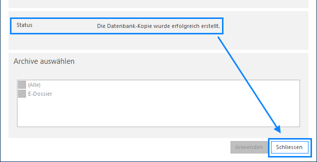 Screenshot: Einstellungen und Fortschritt beim Erstellen der Datenbankkopie