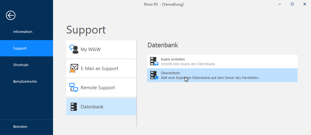 Screenshot: Übermitteln einer Datenbankkopie an den Support