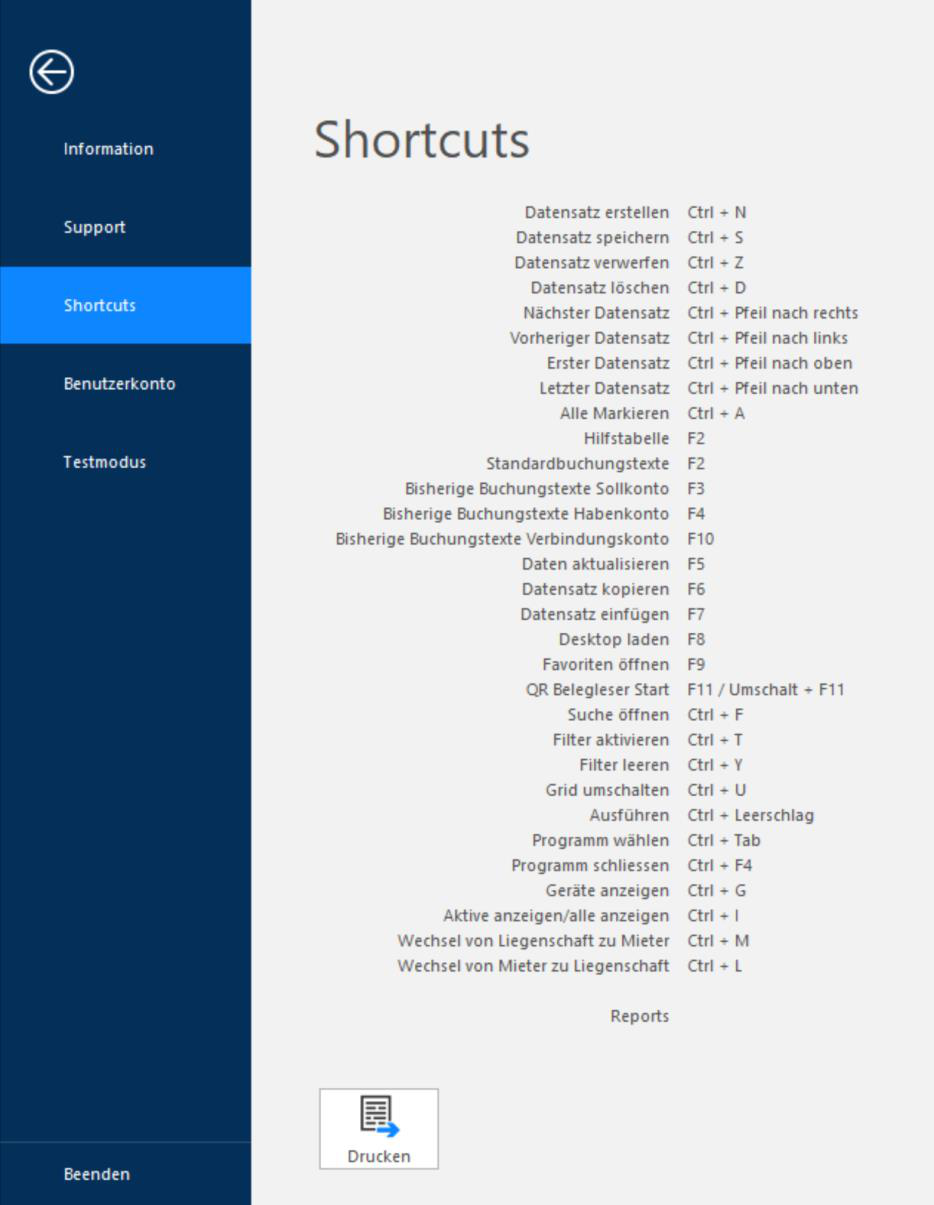 Screenshot: Übersicht der verfügbaren Shortcuts