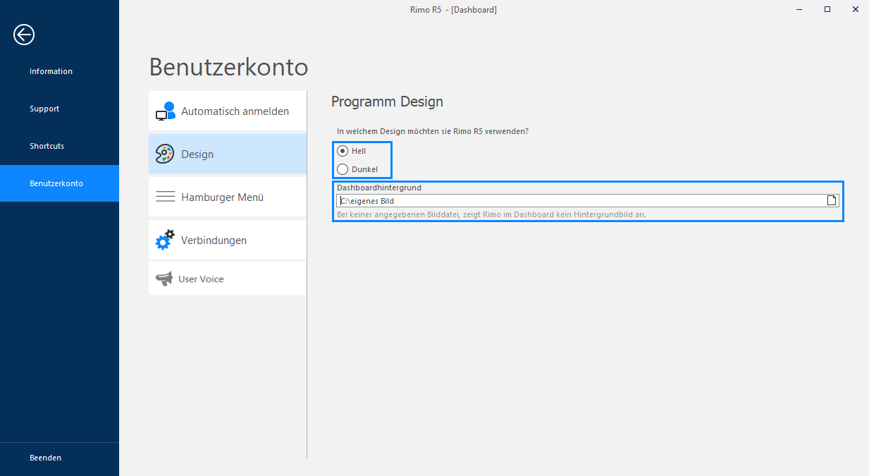 Screenshot: Benutzerkonto mit Einstellungen für Anmeldung und Oberflächendesign