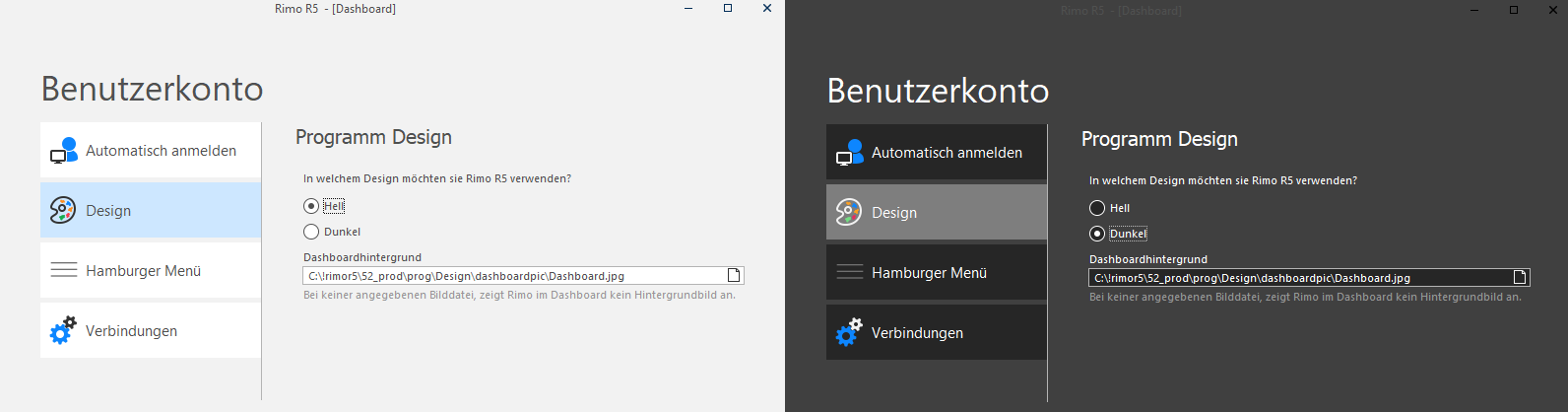 Screenshot: Benutzerkonto mit Einstellungen für Anmeldung und Oberflächendesign