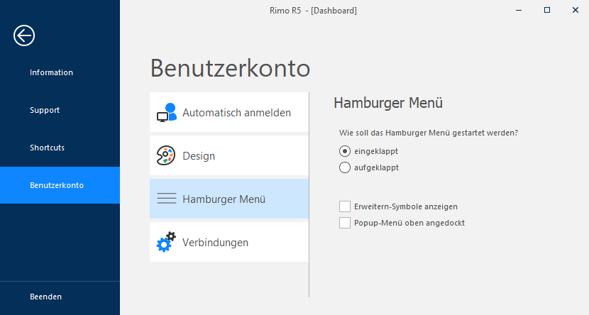 Screenshot: Ein- und ausgeklappter Hamburger-Menübaum