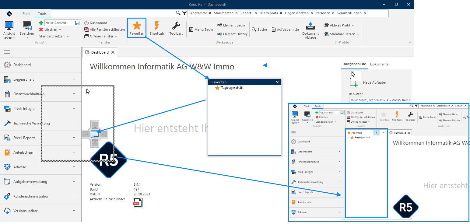 Screenshot: Andocken eines Werkzeugfensters mit Positionierungskreuz