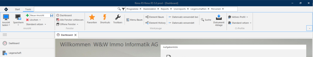 Screenshot: Menüband mit Aufwärtspfeil und Pin zum Ein- und Ausblenden