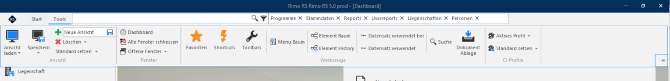Screenshot: Menüband mit Aufwärtspfeil und Pin zum Ein- und Ausblenden