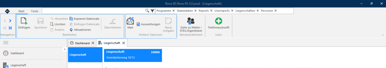 Screenshot: Registerkarte Start mit Navigation, Bearbeiten und weiteren Optionen
