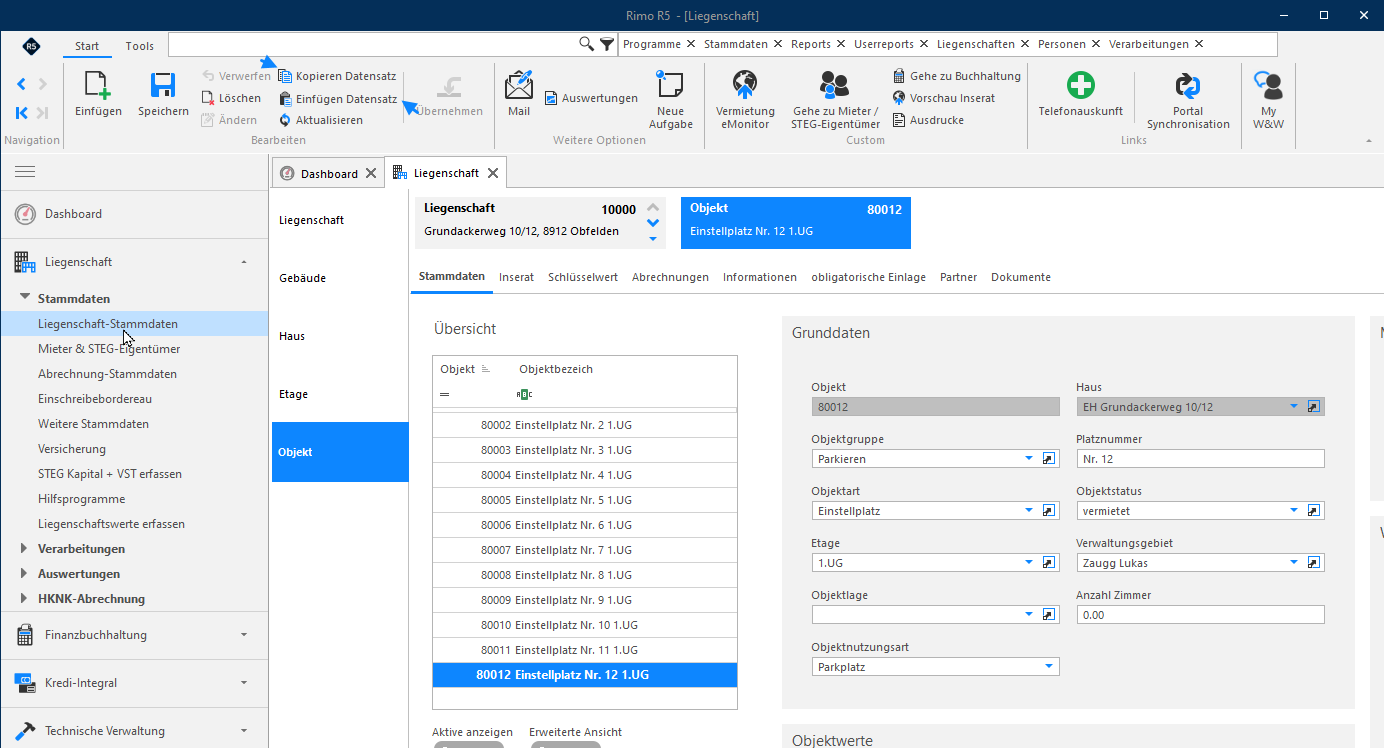 Screenshot: Kopieren und Einfügen eines Datensatzes über das Menüband