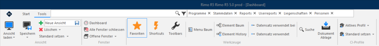 Screenshot: Registerkarte Tools mit Ansichten, Fenstern, Werkzeugen und CI-Profilen