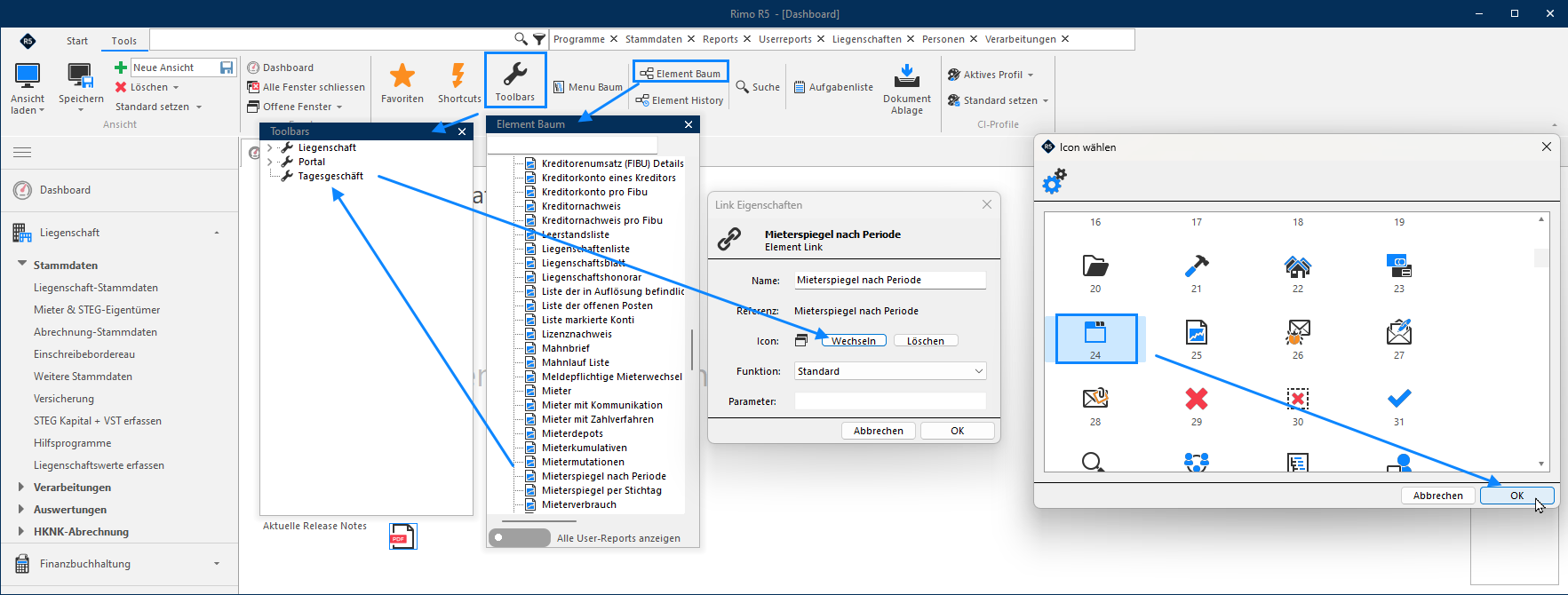 Screenshot: Toolbar erstellen und Funktionen oder Reports in die Registerkarte Start einbetten