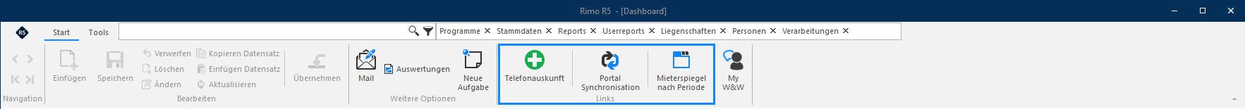 Screenshot: Toolbar erstellen und Funktionen oder Reports in die Registerkarte Start einbetten