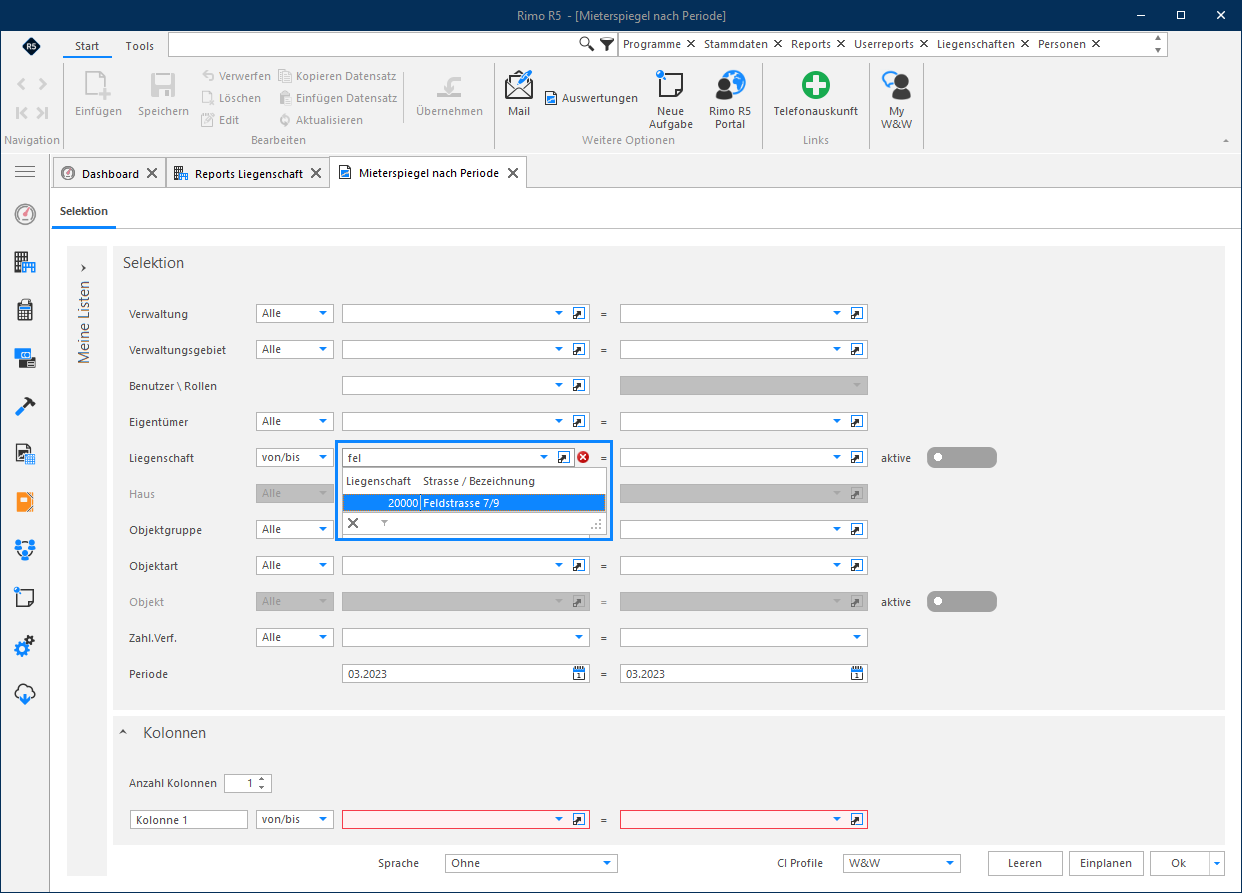 Screenshot: Volltextsuche in Dropdown-Feldern von Reports und Assistenten
