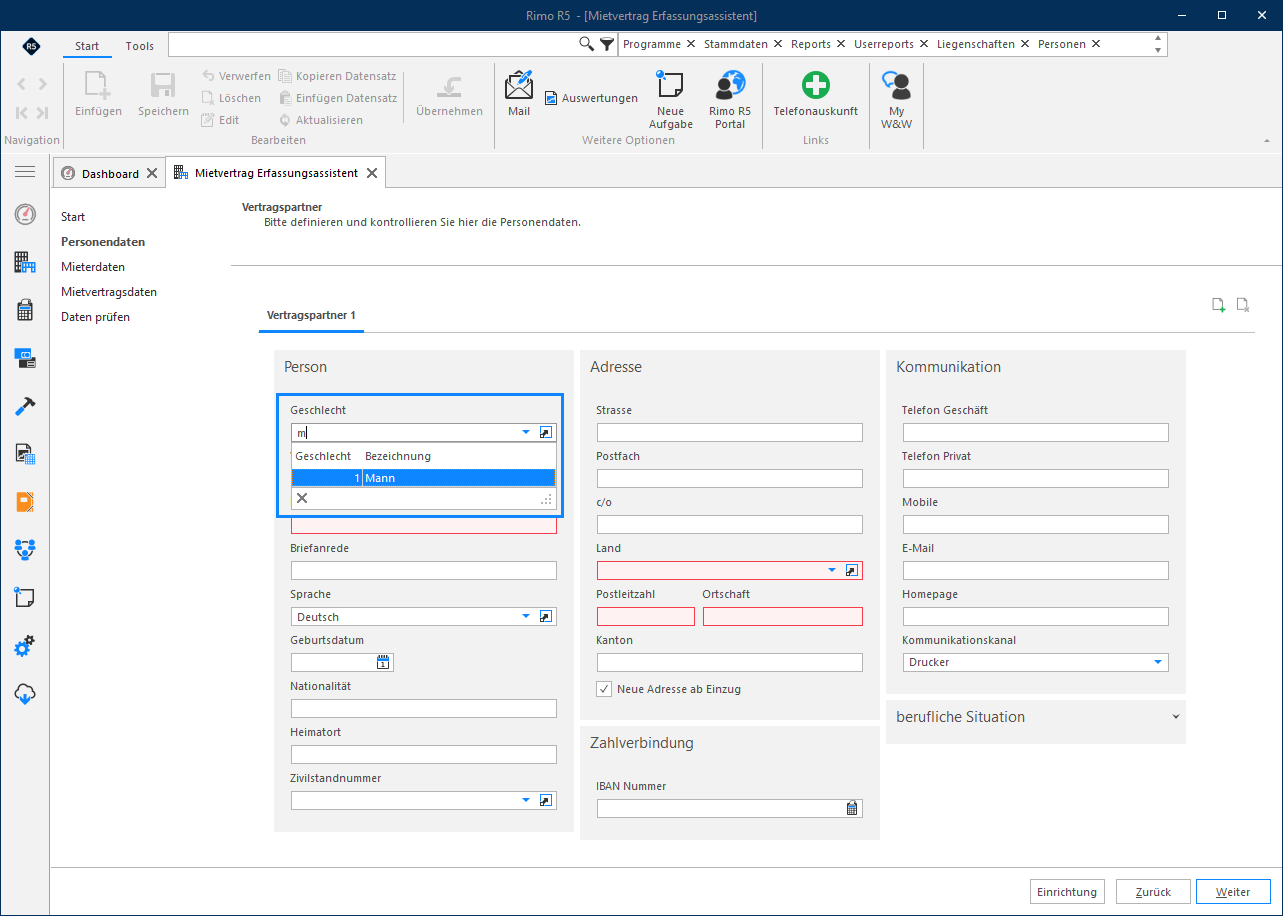 Screenshot: Volltextsuche in Dropdown-Feldern von Reports und Assistenten