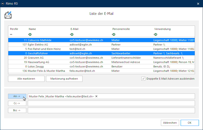 Screenshot: Kontextmenü mit Auswertungen und Auswahl von E-Mail-Empfängern