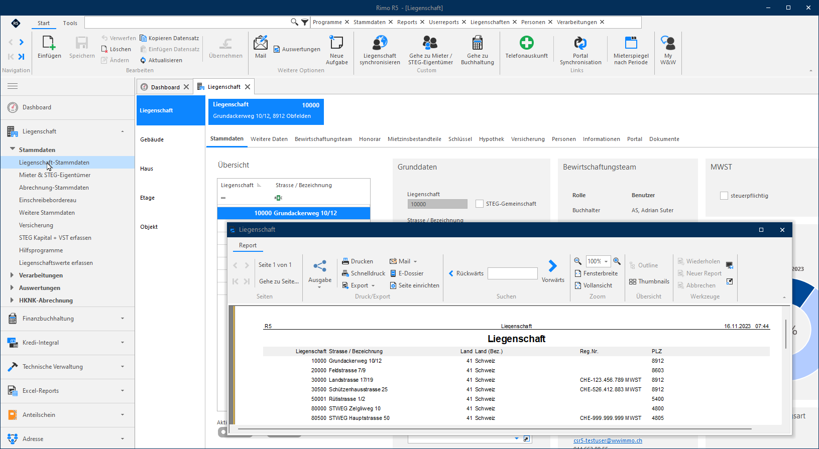 Screenshot: Report mit angepassten Spalten und CSV-Export