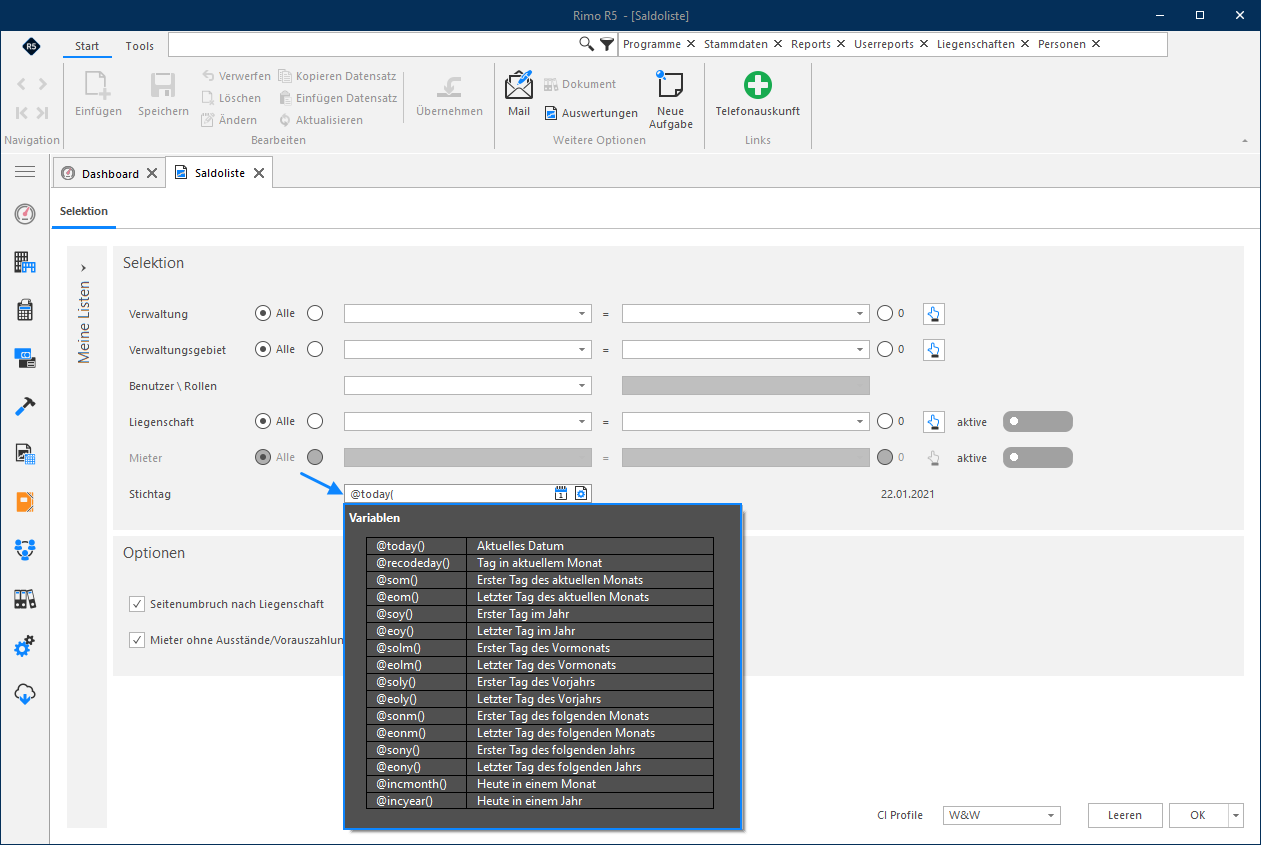Screenshot: Variable Datumswerte über Eingabe und Dialogbox