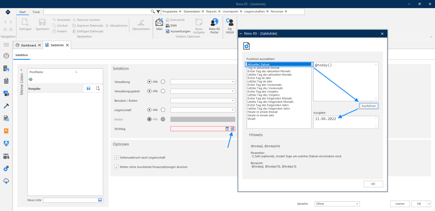 Screenshot: Variable Datumswerte über Eingabe und Dialogbox