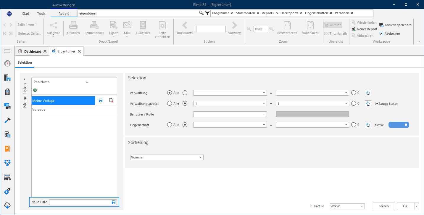 Screenshot: Speichern einer Selektionsliste und Auswahl des Output-Formats