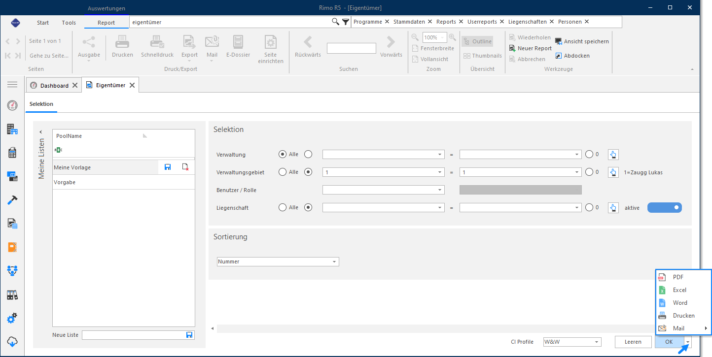 Screenshot: Speichern einer Selektionsliste und Auswahl des Output-Formats
