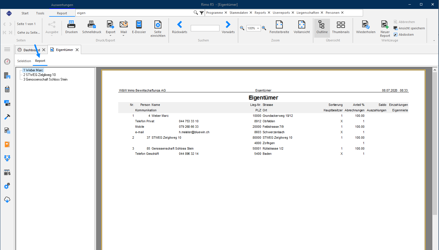 Screenshot: Angedockte Selektions- und Reportmaske