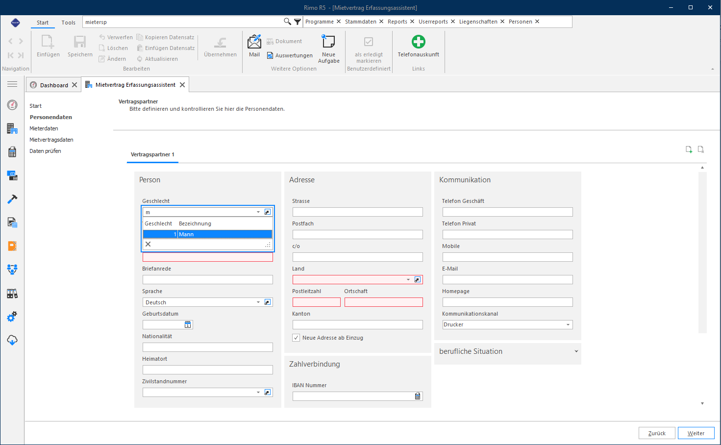 Screenshot: Volltextsuche in Dropdown-Feldern einer Reportselektion