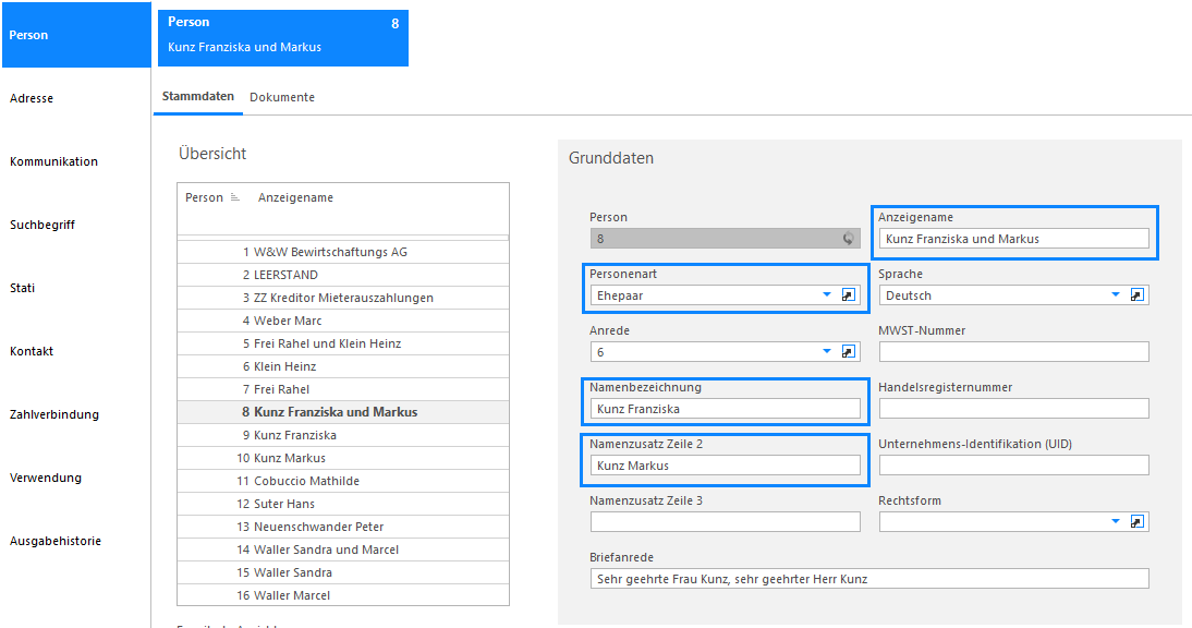 Screenshot: Register Person mit Erfassung eines Ehepaars oder Konkubinats