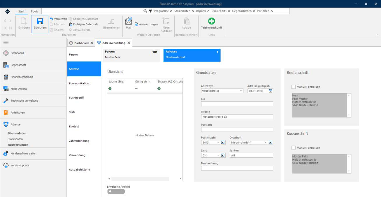 Screenshot: Register Adresse zur Erfassung der Hauptadresse