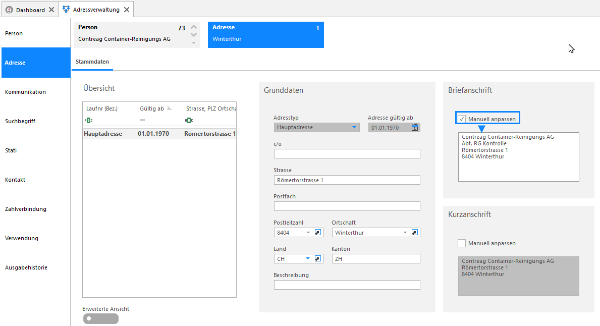 Screenshot: Register Adresse mit Adresstyp, Gültigkeit und manueller Anpassung der Kurzanschrift