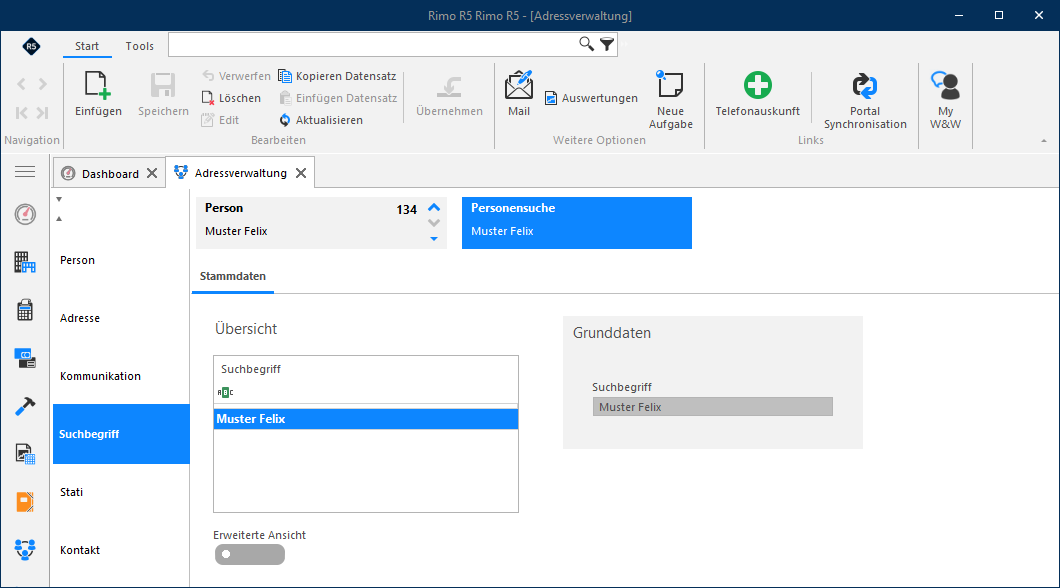 Screenshot: Register Suchbegriff mit automatisch generiertem und zusätzlichen Suchbegriffen