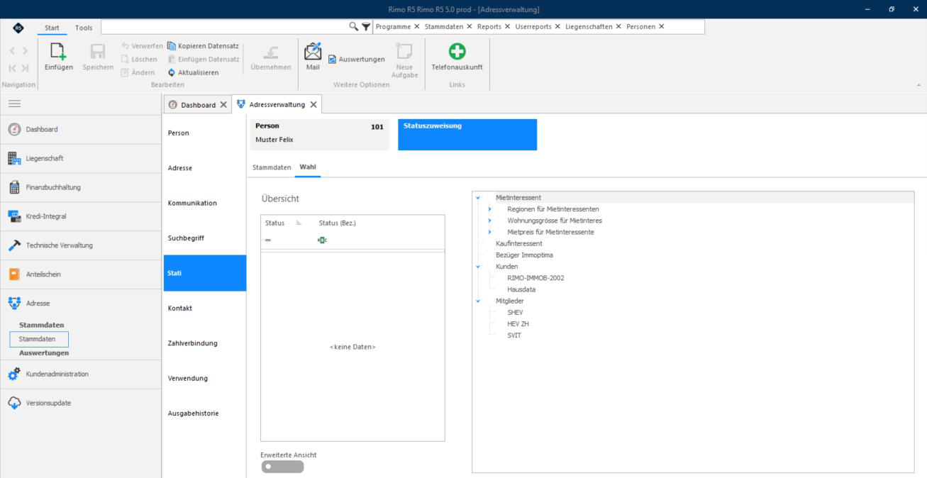 Screenshot: Register Stati zur Zuweisung von Statuswerten