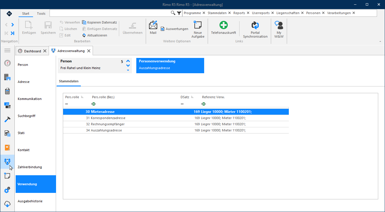 Screenshot: Register Verwendung mit Personenrollen und Adressarten