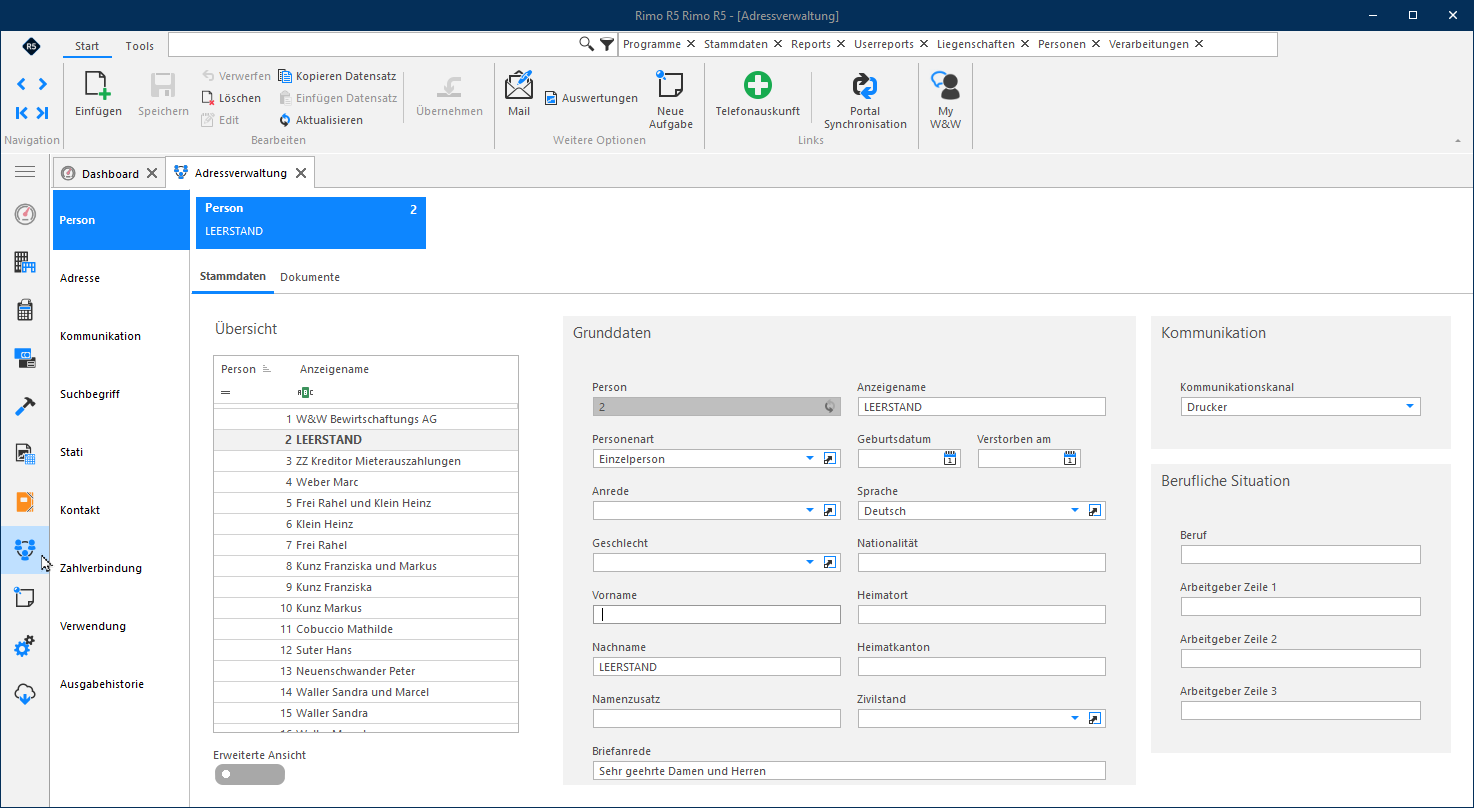 Screenshot: Erfassung der Person Leerstand in den Adress-Stammdaten