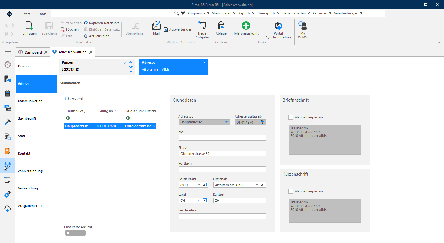 Screenshot: Register Adresse der Person Leerstand mit Verwaltungsadresse