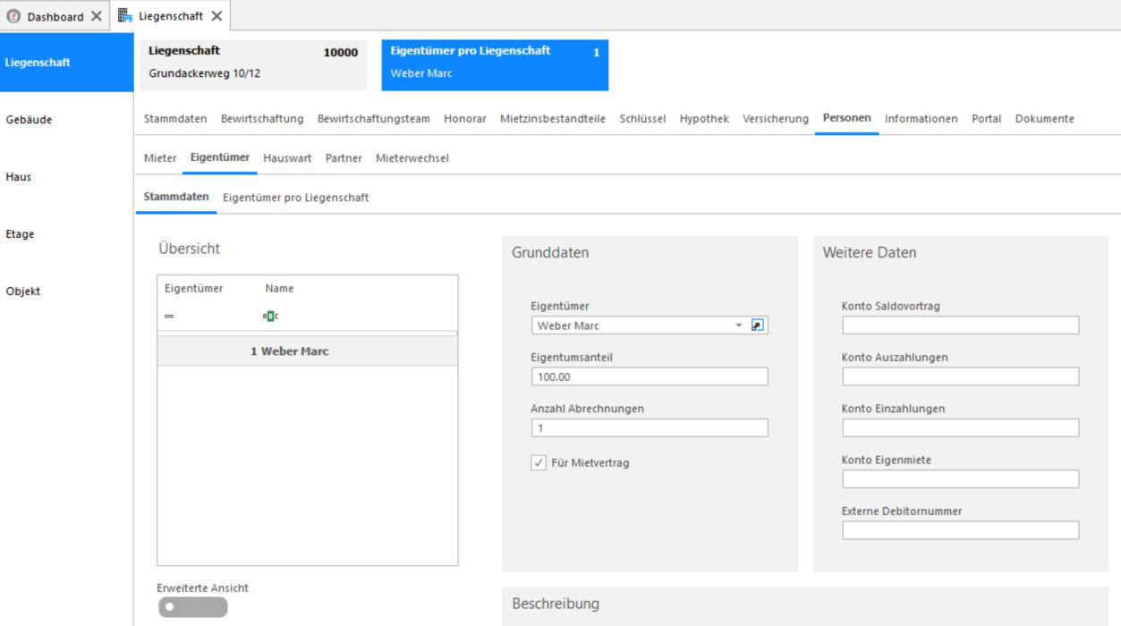 Screenshot: Eigentümer einer Liegenschaft mit Grunddaten und Konten