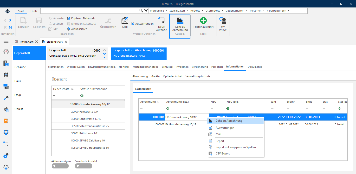 Screenshot: Abrechnungsinformationen der Liegenschaft mit Kontextmenü